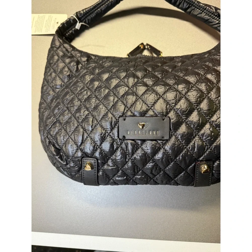 HeartLove by Charo Black Quilted Puffer Hobo Bag‎ Recycled Vegan Leather NWT